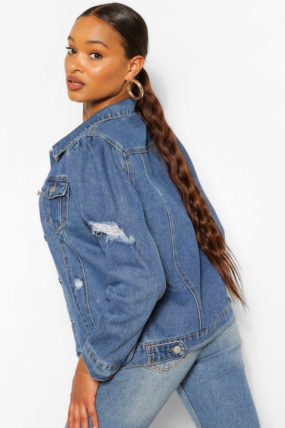 Denim Puff Sleeve Distressed Denim Jacket boohoo
